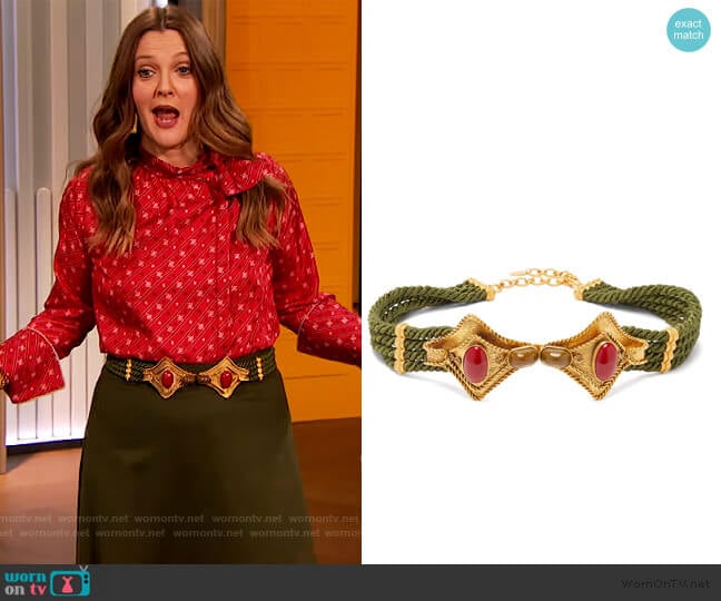 Manta cabochon-embellished cord belt by Sonia Petroff worn by Drew Barrymore on The Drew Barrymore Show