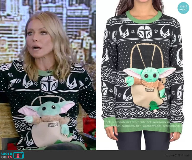 Star Wars Baby Yoda The Child Forces Trees Ugly Christmas Sweater worn by Kelly Ripa on Live with Kelly and Mark