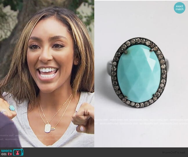 Turquoise and Diamond Black Rhodium Ring by Robyn Rhodes worn by Tayshia Adams on The Bachelorette