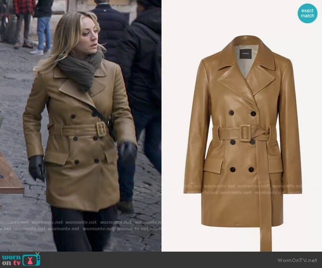 Theory Belted double-breasted leather coat  worn by Cassie Bowden (Kaley Cuoco) on The Flight Attendant