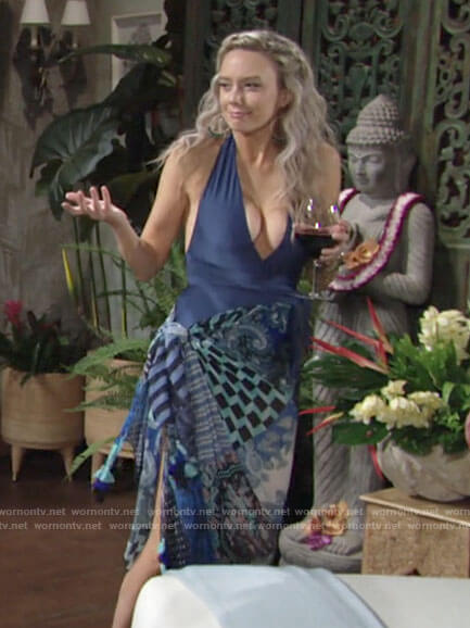 Abby's blue tie waist halter swimsuit on The Young and the Restless