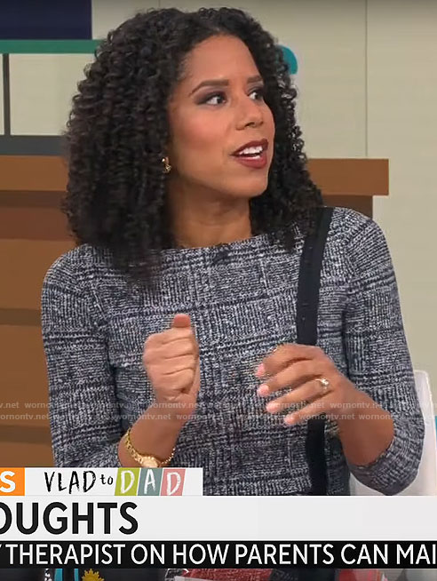 Adriana Diaz's grey plaid dress with black stripe on CBS Mornings