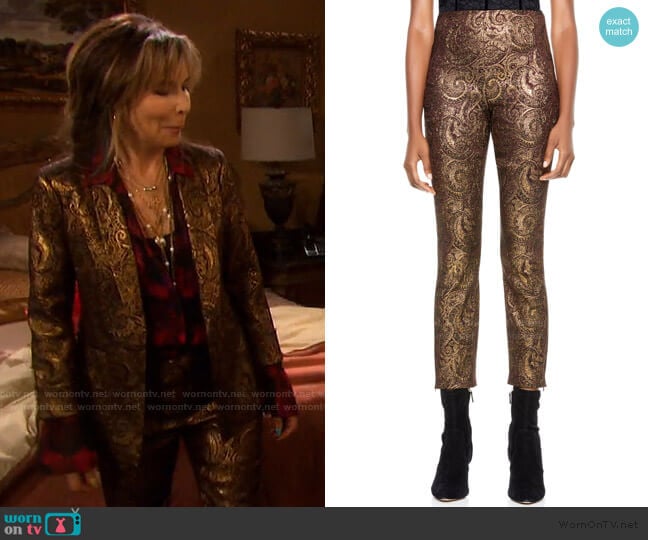 Gloriane Metallic Paisley Jacquard Zip Cuff Crop Pants by Alice + Olivia worn by Kate Roberts (Lauren Koslow) on Days of our Lives