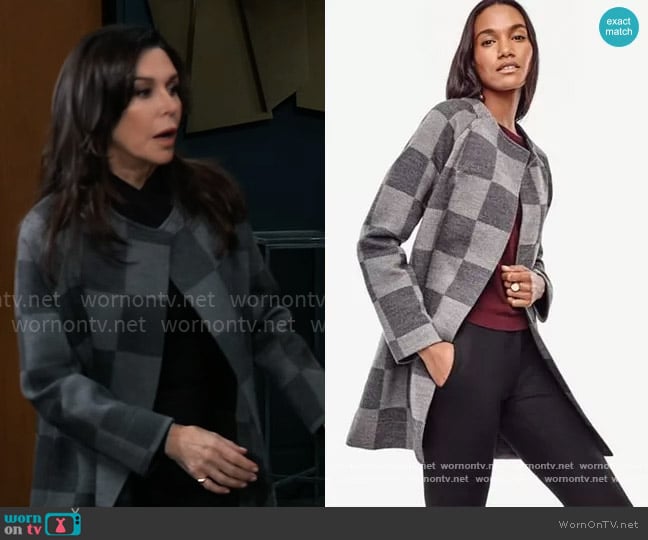 Plaid Merino Wool Sweater Coat by Ann Taylor worn by Anna Devane (Finola Hughes) on General Hospital