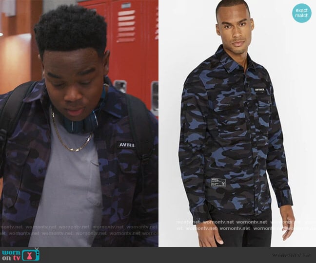 Navy Camo Officer Shirt by Avirex worn by DeVante (Dexter Darden) on Saved By The Bell