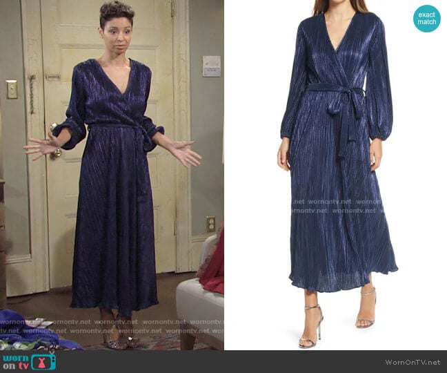 Bardot Melissa Long Sleeve Plissé Faux Wrap Midi Dress worn by Elena Dawson (Brytni Sarpy) on The Young and the Restless