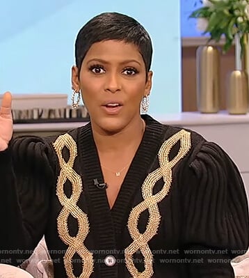 Tamron’s black chain embroidered cardigan on Tamron Hall Show