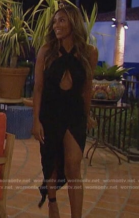 Tayshia's black halter cutout dress on The Bachelorette