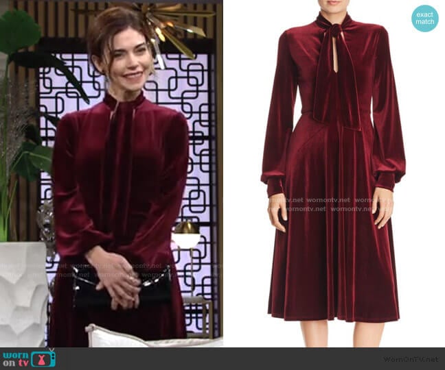 Ruby Tie-Neck Velvet Dress by Black Halo worn by Victoria Newman (Amelia Heinle) on The Young and the Restless