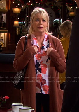 Bonnie's pink floral print top and brown long cardigan on Days of our Lives