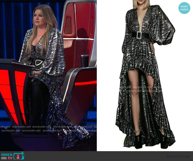 Metallic Zebra V-Neck Bishop-Sleeve High-Low Gown by Bronx and Banco worn by Kelly Clarkson on The Voice