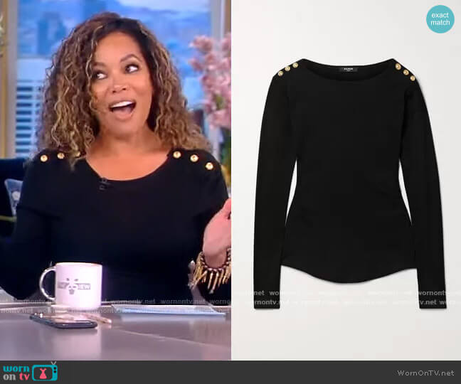 Button-embellished cotton-jersey top by Balmain worn by Sunny Hostin  on The View