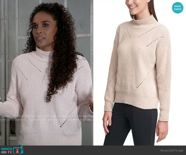 Chenille Mock-Neck Pointelle Sweater by Calvin Klein worn by Jordan Ashford (Briana Nicole Henry) on General Hospital