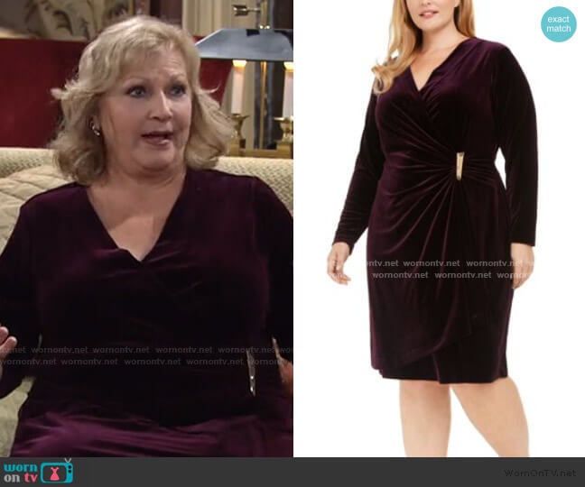 Velvet Wrap Sheath Dress by Calvin Klein worn by Traci Abbott (Beth Maitland) on The Young and the Restless