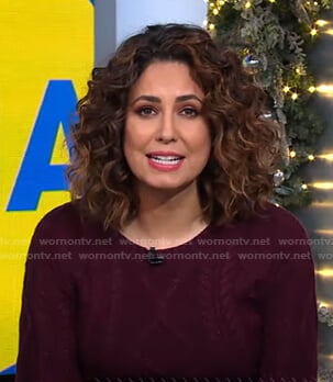 Cecilia’s burgundy cable knit sweater and skirt on Good Morning America