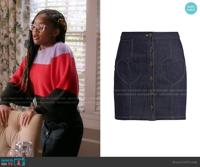 Vivien Heart Pocket Denim Skirt by Cinq a Sept worn by Diane Johnson (Marsai Martin) on Black-ish