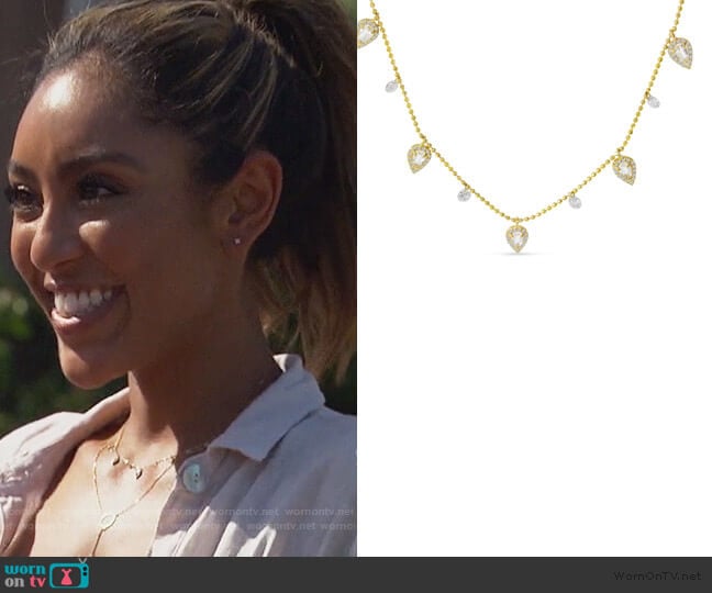 Dashing Diamond Five Station Dangle Pear White Topaz Necklace by Brevani worn by Tayshia Adams on The Bachelorette