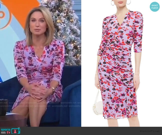 Brendon Ruched Floral-Print Stretch-Mesh Dress by Diane von Furstenberg worn by Amy Robach on Good Morning America