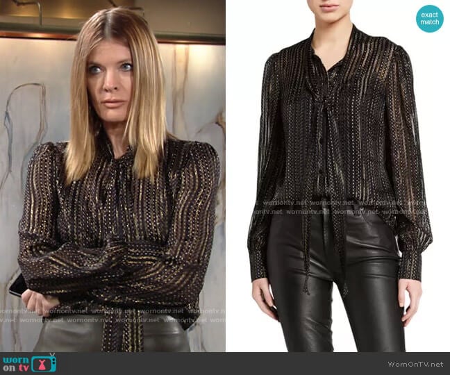 Lanie Metallic Tie-Neck Blouse by Diane von Furstenberg worn by Phyllis Summers (Michelle Stafford) on The Young and the Restless