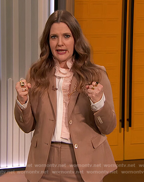 Drew’s ruffle front blouse and blazer on The Drew Barrymore Show