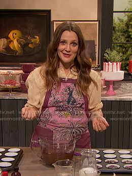 Drew's pink floral apron on The Drew Barrymore Show