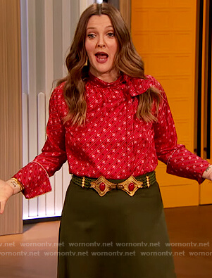 Drew’s red printed blouse on The Drew Barrymore Show