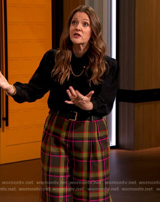 Drew’s black chain embellished blouse and plaid pants on The Drew Barrymore Show