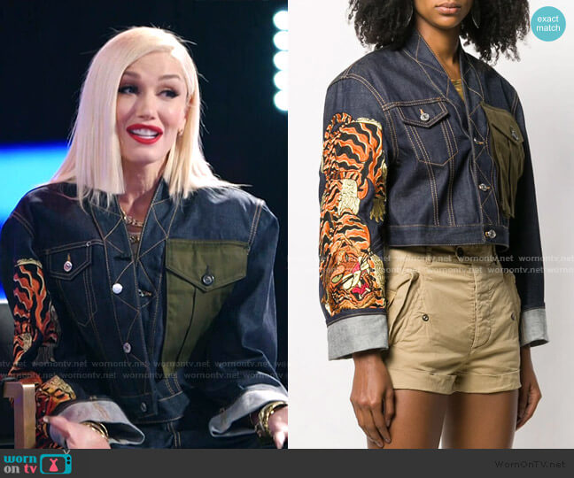 Tiger Print Denim Jacket by Dsquared2 worn by Gwen Stefani on The Voice