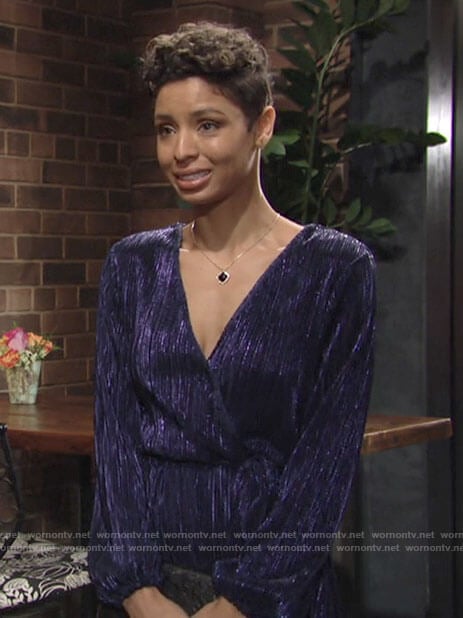 Elena's blue metallic wrap dress on The Young and the Restless