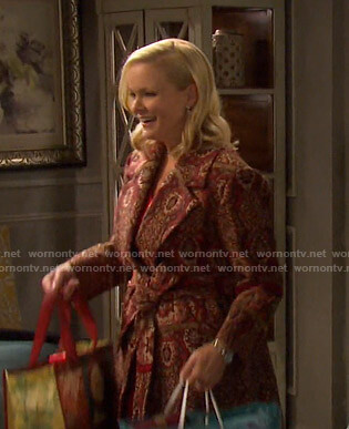 Belle’s red embroidered belted coat on Days of our Lives
