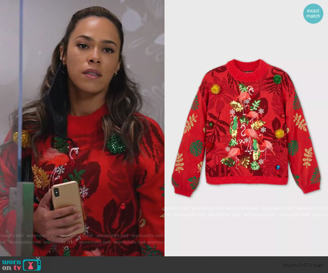 Flamingo Christmas Tree Graphic Pullover Sweater by Target worn by Emily Lopez (Jessica Camacho) on All Rise