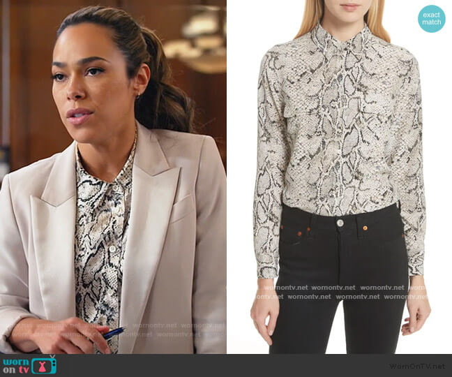 WornOnTV: Emily’s white snakeskin print blouse on All Rise | Jessica ...