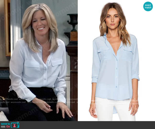 Slim Signature Blouse in Periwinkle Blue by Equipment worn by Carly Corinthos (Laura Wright) on General Hospital