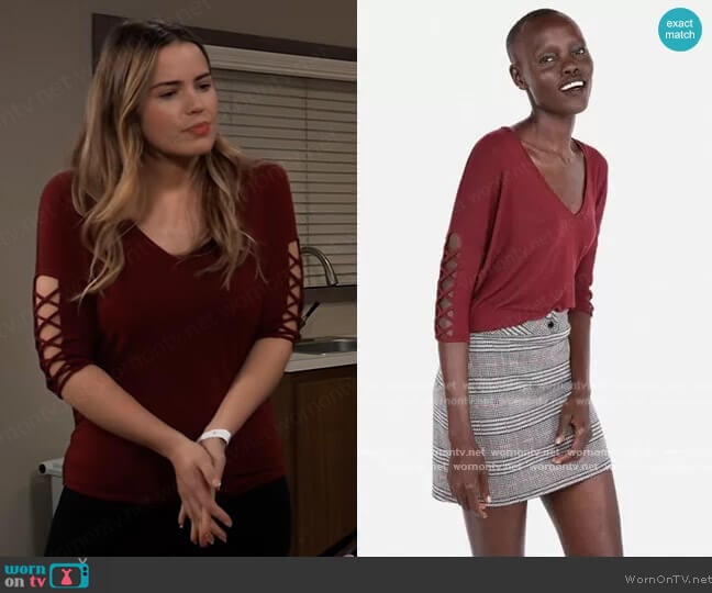 Lace-up top by Express worn by Sasha Gilmore (Sofia Mattsson) on General Hospital