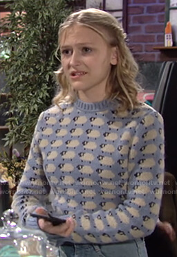 Faith's blue sheep print sweater on The Young and the Restless