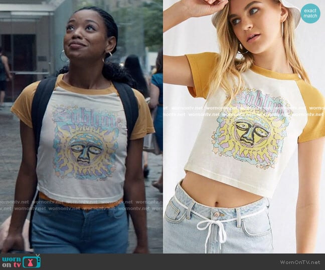 Forever 21 Sublime Graphic Baseball Tee worn by Neveah Stroyer (Kylie Jefferson) on Tiny Pretty Things