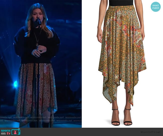 Stay Awhile Print Handkerchief Skirt by Free People worn by Kelly Clarkson on The Kelly Clarkson Show