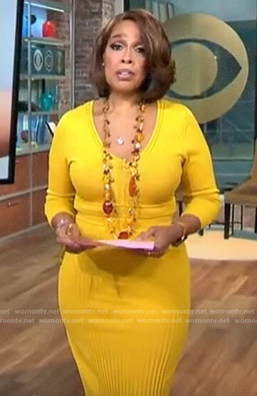 Gayle’s yellow ribbed v-neck dress on CBS Mornings