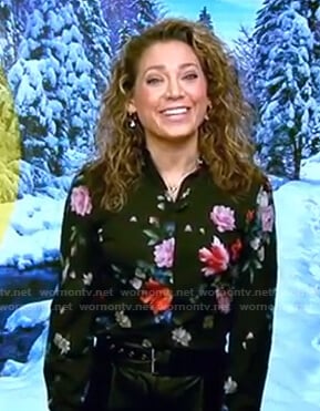 Ginger’s black floral blouse and belted pants on Good Morning America