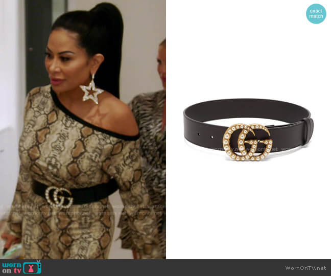 GG faux Pearl-Embellished Leather Belt by Gucci worn by Jen Shah on The Real Housewives of Salt Lake City