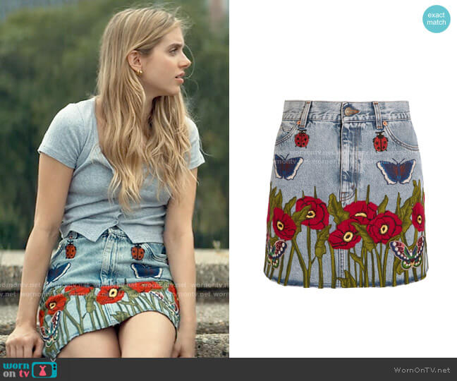 Gucci Appliquéd denim mini skirt worn by Bette Whitlaw (Casimere Jollette) on Tiny Pretty Things