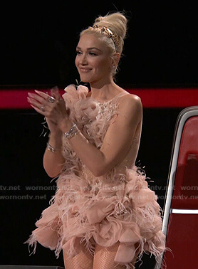 Gwen’s pink feather mini dress on The Voice