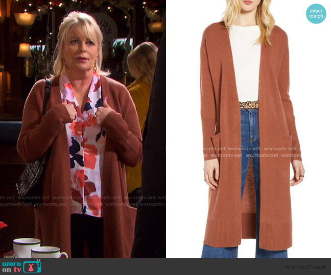 Wool & Cashmere Long Cardigan by Halogen worn by Bonnie Lockhart (Judi Evans) on Days of our Lives