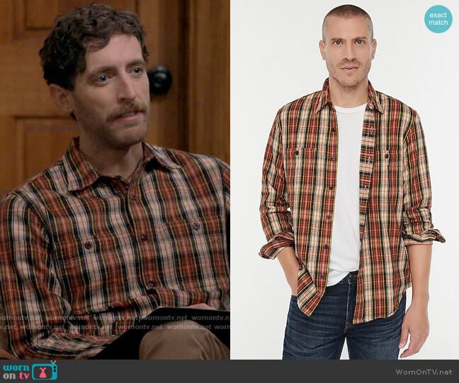 J. Crew Midweight flannel workshirt in plaid worn by Drew Dunbar (Thomas Middleditch) on B Positive