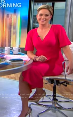 Jamie Yuccas’s pink flutter sleeve faux wrap dress on CBS This Morning