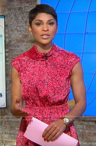 Jericka Duncan’s red floral roll neck dress on CBS This Morning