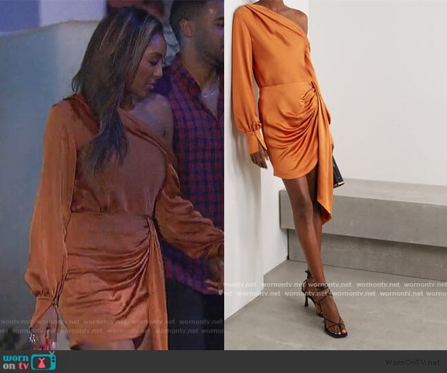 Alice draped one-shoulder satin blouse and drape skirt by Jonathan Simkhai worn by Tayshia Adams on The Bachelorette