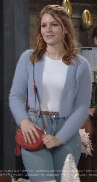 Jordan’s blue fluffy cardigan on The Young and the Restless