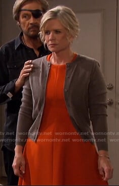 Kayla's orange dress and crew neck cardigan on Days of our Lives