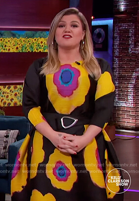 Kelly's black floral print flare dress on The Kelly Clarkson Show